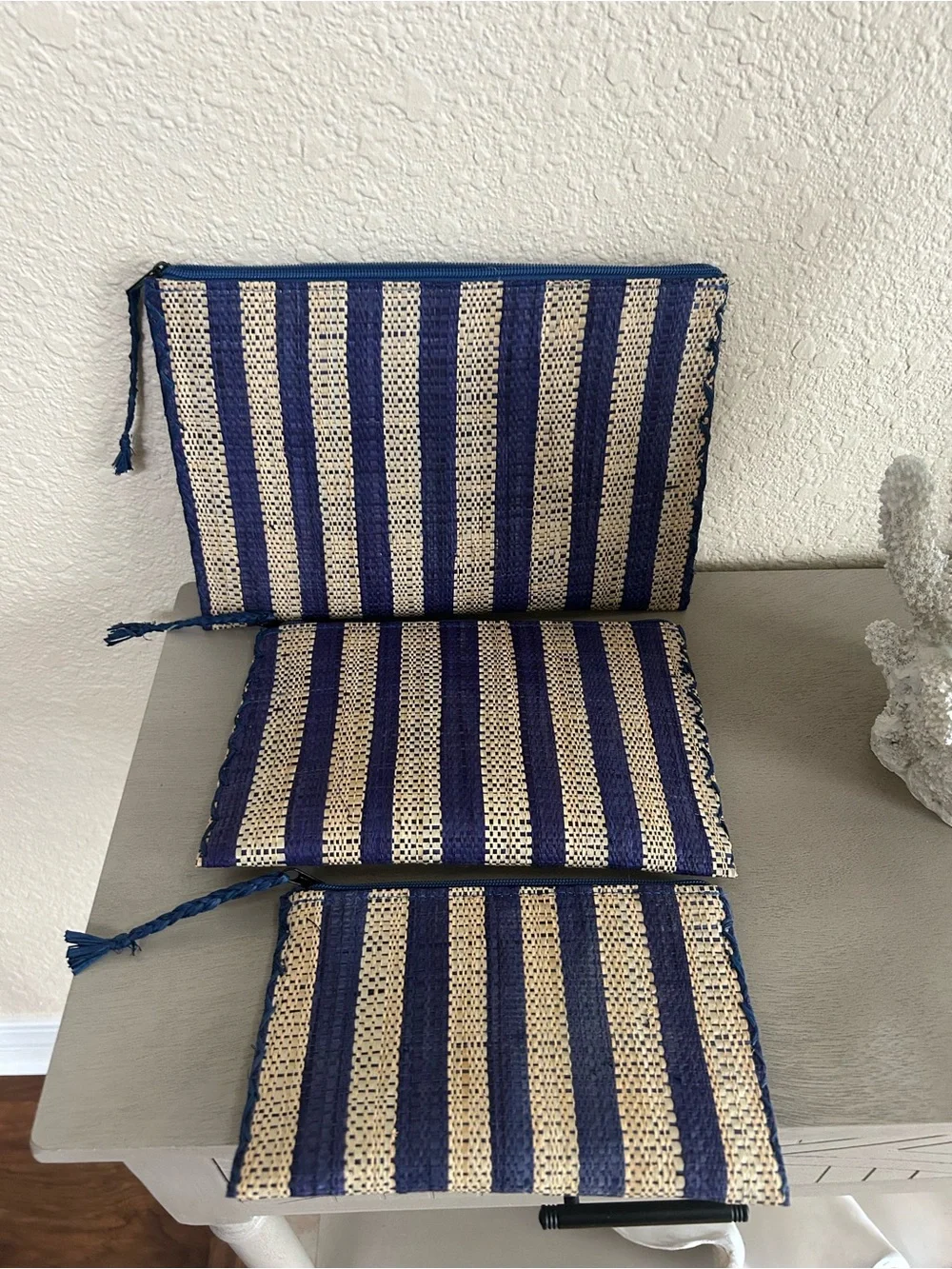 Shebobo Striped Navy and Natural Woven Cosmetic Pouch Set
